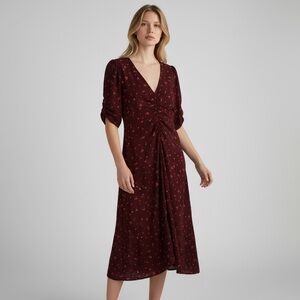 Floral Puff Sleeve Babydoll Fall Winter Midi Dress Burgundy Medium Cottage